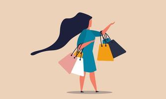 loja de mulher viciada em compras no mercado com muitos sacos. moda menina compra produto e conceito de ilustração vetorial de satisfação. estilo de vida alegre jovem comprador feminino e elegante. consumidor viciado em compras vetor