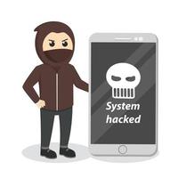 hacker com personagem de design de smartphone grande em fundo branco vetor
