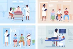 médico e pacientes no hospital conjunto de ilustrações vetoriais de cores planas vetor