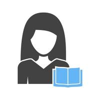 mulher lendo glifo ícone azul e preto vetor
