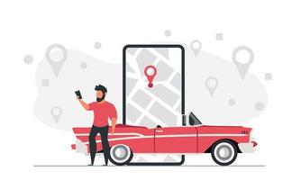 um motorista de cidade de homem usa um navegador em seu telefone para chegar ao seu destino de carro. ilustração vetorial de conceito de dificuldade de trabalho de motorista vetor