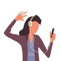 mulher com ilustração vetorial de fone de ouvido de música. menina feminina ouvindo fone de ouvido e estilo de vida sadio. avatar de personagem de moda senhora dj e adolescente. dispositivo de entretenimento prazer de tecnologia móvel vetor