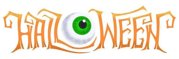 ilustração vetorial de inscrição assustadora de halloween com globo ocular verde sobre fundo branco vetor