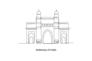 gateway de desenho de linha contínua da índia mumbai índia. conceito de marcos. única linha desenhar desenho ilustração gráfica de vetor. vetor