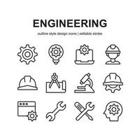 conjunto de ícones de engenharia. contém ícones como equipamento, capacete de segurança, engenheiro e muito mais. design de estilo de linha. ilustração gráfica vetorial. adequado para design de sites, aplicativo, modelo, interface do usuário. vetor