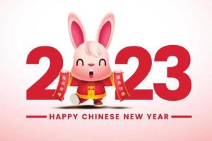 cartão de saudação do ano novo chinês 2023. coelho fofo de desenho animado segurando pergaminhos de mão chinesa com grande sinal de número 2023. personagem de coelho. vetor
