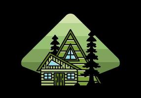 casa de madeira estética entre dois design de crachá de ilustração de pinheiro vetor