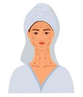 massagem facial. rosto feminino com linhas para massagem. massagem guasha, creme e latas de vácuo. pele facial e cuidados com a juventude. ilustrações vetoriais desenhadas à mão isoladas no fundo branco. vetor