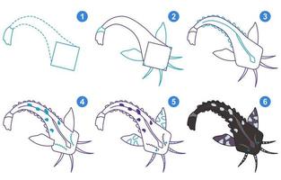 instruções para desenhar agamix fofo. siga o passo a passo para desenhar agamix. planilha para criança aprendendo a desenhar peixes de aquário. jogo para página de vetor infantil. esquema para desenhar agamixis.