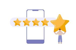 homem cliente satisfeito dá classificação 5 estrelas no smartphone. ilustração vetorial de feedback de pessoas, dando classificação por estrelas. compras on-line planas com classificação e revisão de cinco vetor