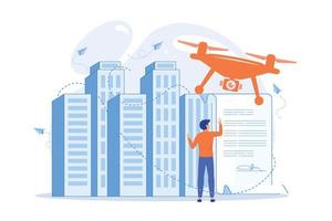 empresário com drone lendo documento com regulamentos. regulamentos de voo de drones, ilustração vetorial de limitações de uso de drones vetor