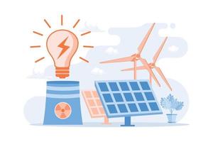 eletricidade ecologicamente correta. parque eólico, baterias solares, usina nuclear. ilustração vetorial de recursos de energia sustentável vetor