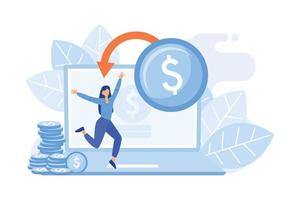 e ícone de web dos desenhos animados de compras. loja online, serviço de cashback, devolução de dinheiro. ideia de reembolso financeiro. retorno do investimento. renda da internet. ilustração moderna de design plano vetor