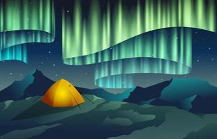 cenário de aurora com tenda na montanha vetor
