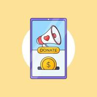 promoção de campanha de caridade de angariação de fundos de aplicativos móveis on-line com ilustração vetorial de ícone de megafone e coração vetor