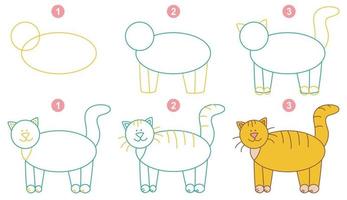 instruções para desenhar gato engraçado. siga passo a passo. planilha para criança aprendendo a desenhar animais. jogo para página de vetor infantil. esquema para desenhar gato. ilustração vetorial