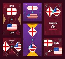 partida inglaterra vs eua. banner vertical e quadrado de futebol mundial 2022 definido para mídias sociais. Infográfico de futebol de 2022. fase de grupos. anúncio de ilustração vetorial vetor