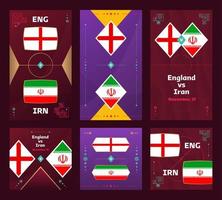 partida inglaterra x irã. banner vertical e quadrado de futebol mundial 2022 definido para mídias sociais. Infográfico de futebol de 2022. fase de grupos. anúncio de ilustração vetorial vetor