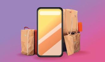 compras on-line ou ilustração de conceito de entrega 3d vector show carrinho, sacos e caixas. cores brilhantes de design moderno moderno no smartphone