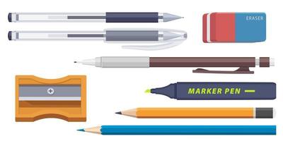 conjunto de coleção de caneta marcador de papelaria, borracha de lápis e apontador de lápis vetor
