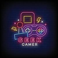 gamer geek de sinal de néon com fundo de parede de tijolo vetor