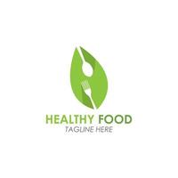 garfo de logotipo de comida saudável com ícone de vetor de decoração de folhas verdes