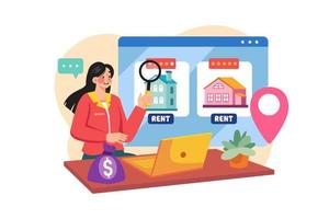 uma mulher encontrando uma casa para alugar online vetor