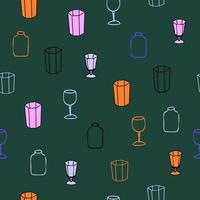 padrão de vetor sem costura com diferentes copos e taças de vinho desenhadas no estilo doodle.