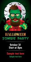 tema de festa de zumbi de halloween em fundo verde. cartaz de halloween com hipster de zumbi vetor