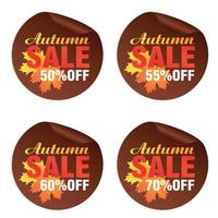 adesivos marrons de venda de outono conjunto com folhas de outono laranja, amarelas. venda de outono 50, 55, 60, 70% de desconto vetor