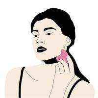 mulher usando gua sha, massageando a pele do rosto isolada no fundo branco. ilustração em preto e branco. auto tratamento de massageador de quartzo. ilustração vetorial vetor