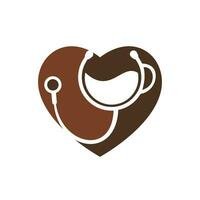 design de logotipo de vetor de café saudável. estetoscópio de médicos com design de logotipo de xícara de café.