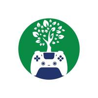 design de logotipo de vetor de jogo ecológico. gamepad verde folha fresca design de logotipo de natureza.