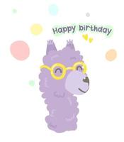 cartão de desenho animado de feliz aniversário. alpaca desenhada à mão, lhama de desenho animado, ilustração para impressão, cartão postal, papel de embrulho, feriado. vetor