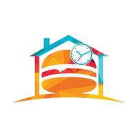 modelo de design de logotipo de vetor de hora de hambúrguer. hambúrguer grande com design de logotipo de ícone de relógio.