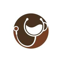 design de logotipo de vetor de café saudável. estetoscópio de médicos com design de logotipo de xícara de café.