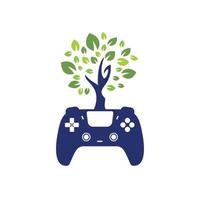 design de logotipo de vetor de jogo ecológico. gamepad verde folha fresca design de logotipo de natureza.