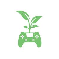 design de logotipo de vetor de jogo ecológico. gamepad verde folha fresca design de logotipo de natureza.