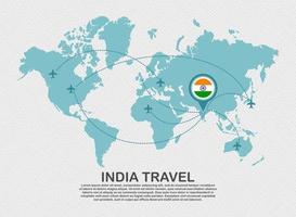 viajar para o cartaz da índia com mapa do mundo e conceito de destino de turismo de fundo de negócios de rota de avião voador. eps vetor