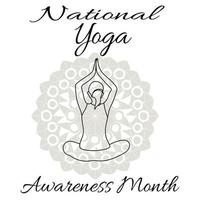 mês nacional de conscientização de ioga, conceito para banner de silhueta humana e mandala de contorno vetor