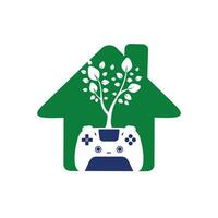 design de logotipo de vetor de jogo ecológico. gamepad verde folha fresca design de logotipo de natureza.