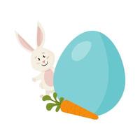 personagem de coelho. espreita do ovo, cenoura. coelho de páscoa engraçado e feliz. vetor
