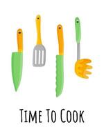cartaz de cozinha com utensílios de cozinha e o tempo de citação para cozinhar. inscrições cozinha café restaurante decorações. vetor