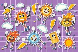 conjunto de personagem de desenho animado de adesivo meteorológico no fundo da grade vetor