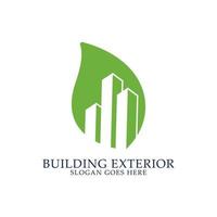 design de logotipo de apartamento verde, vetor de logotipo exterior de construção, bom para construção, imóveis, arranha-céus e marca de empresa de negócios