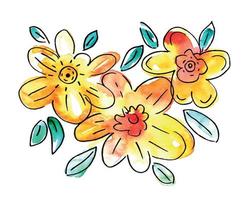 aquarela desenhada à mão e ilustração de linha de tinta de belas flores amarelas de jardim vetor