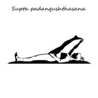 desenho de linha contínua. jovem fazendo exercícios de ioga, imagens de silhueta. oneline desenhada ilustração em preto e branco. pose de ioga supta padangushthasana vetor