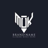 design de logotipo de carta muk em fundo preto. muk criativo monograma lápis conceito de logotipo de letra de iniciais. muk design de logotipo de vetor abstrato plano moderno exclusivo.