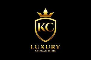 logotipo de monograma de luxo elegante inicial kc ou modelo de crachá com pergaminhos e coroa real - perfeito para projetos de marca luxuosos vetor