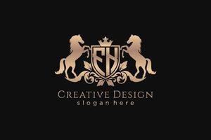 crista dourada retrô inicial fk com escudo e dois cavalos, modelo de crachá com pergaminhos e coroa real - perfeito para projetos de marca luxuosos vetor
